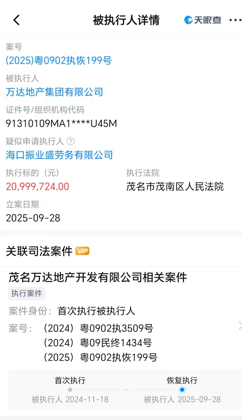 万达地产等被恢复执行2099万，限制消费令高达128条
